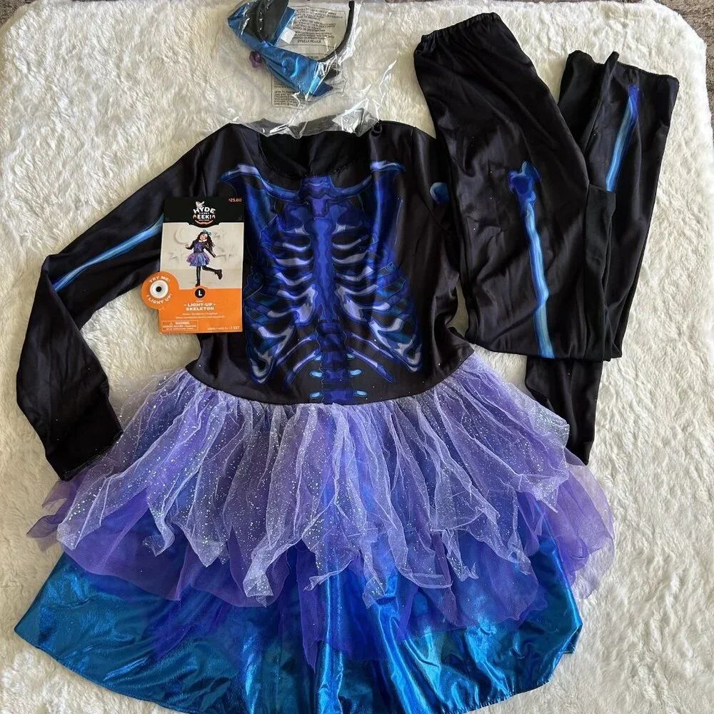Girls Light Up Skeleton Halloween‎ Costume Dress Up with Accessories Large